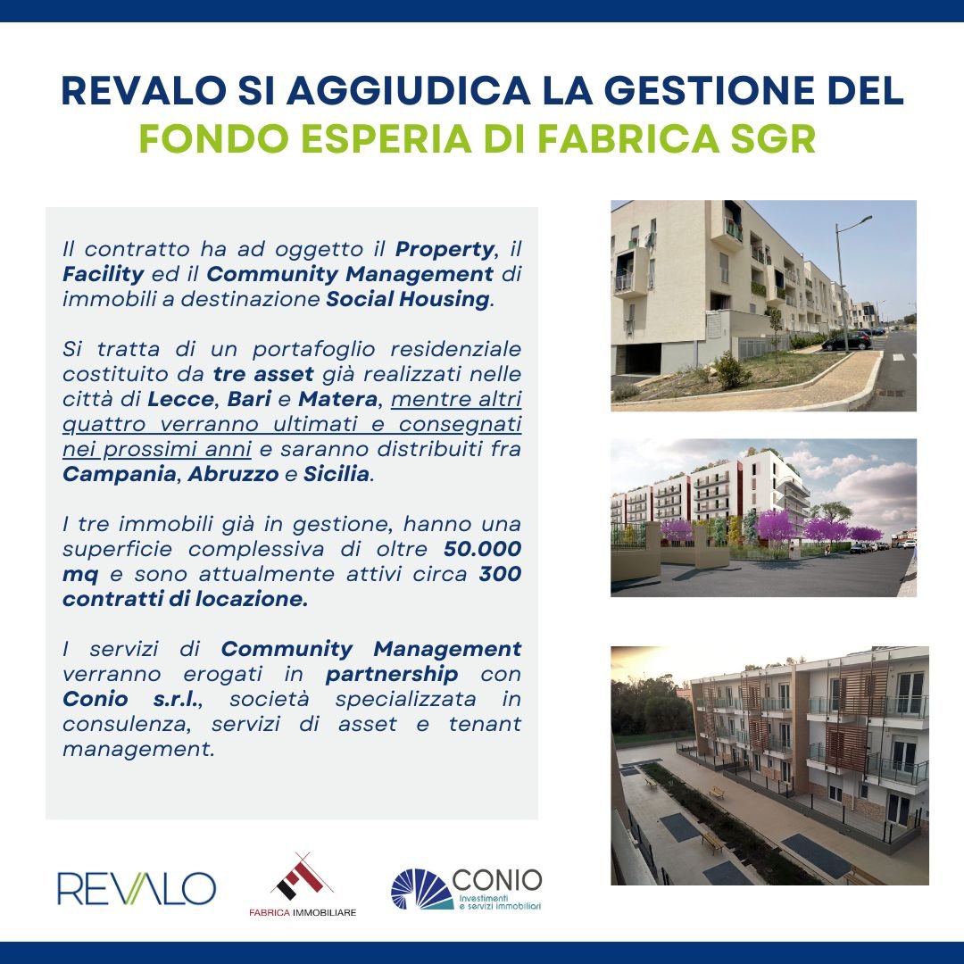 Revalo si aggiudica la gestione del Fondo Esperia di Fabrica Immobiliare SGR dedicato all’Housing Sociale