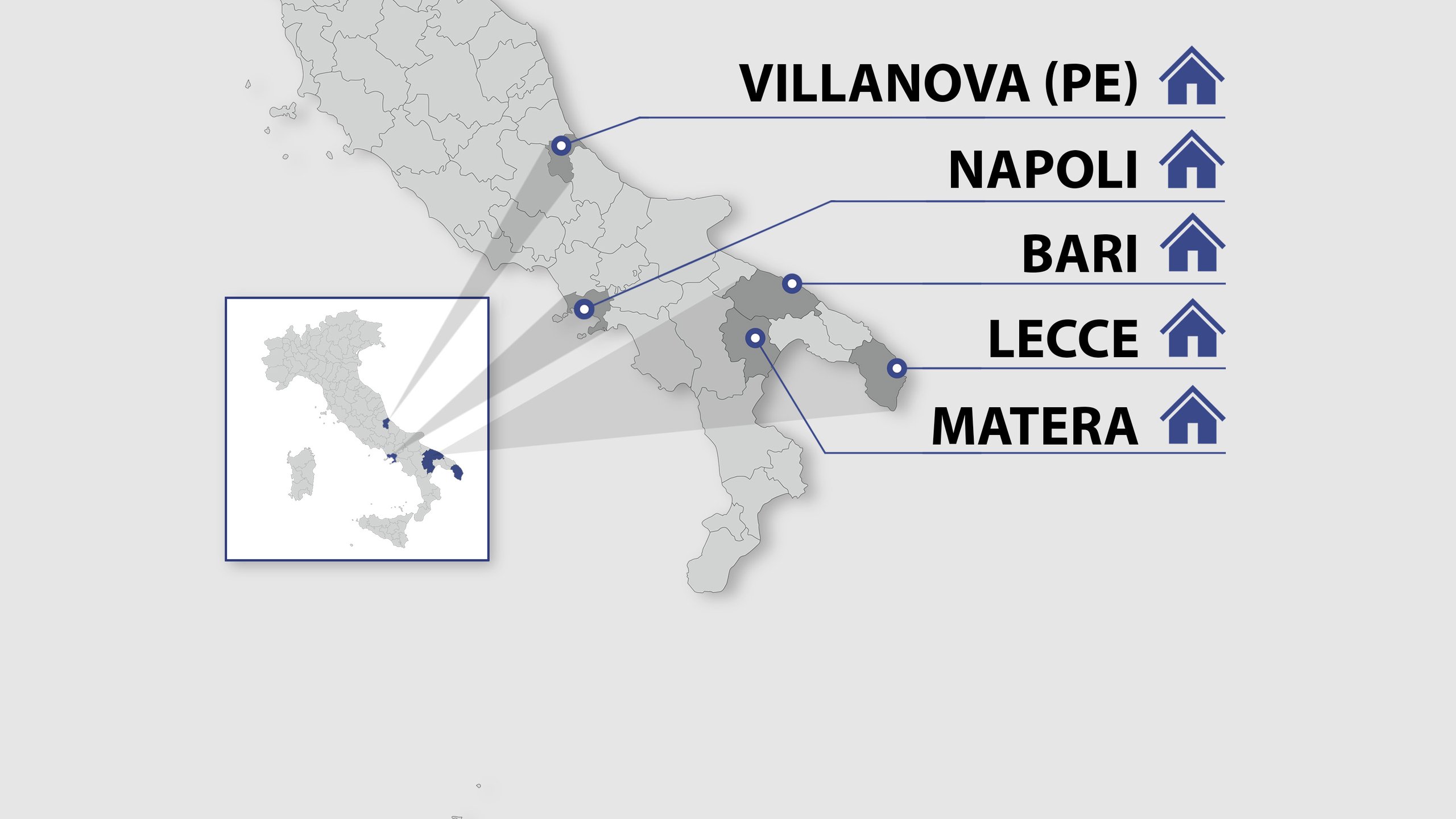 Mappa dei cinque progetti: Villanova (PE), Napoli, Bari, Lecce e Matera