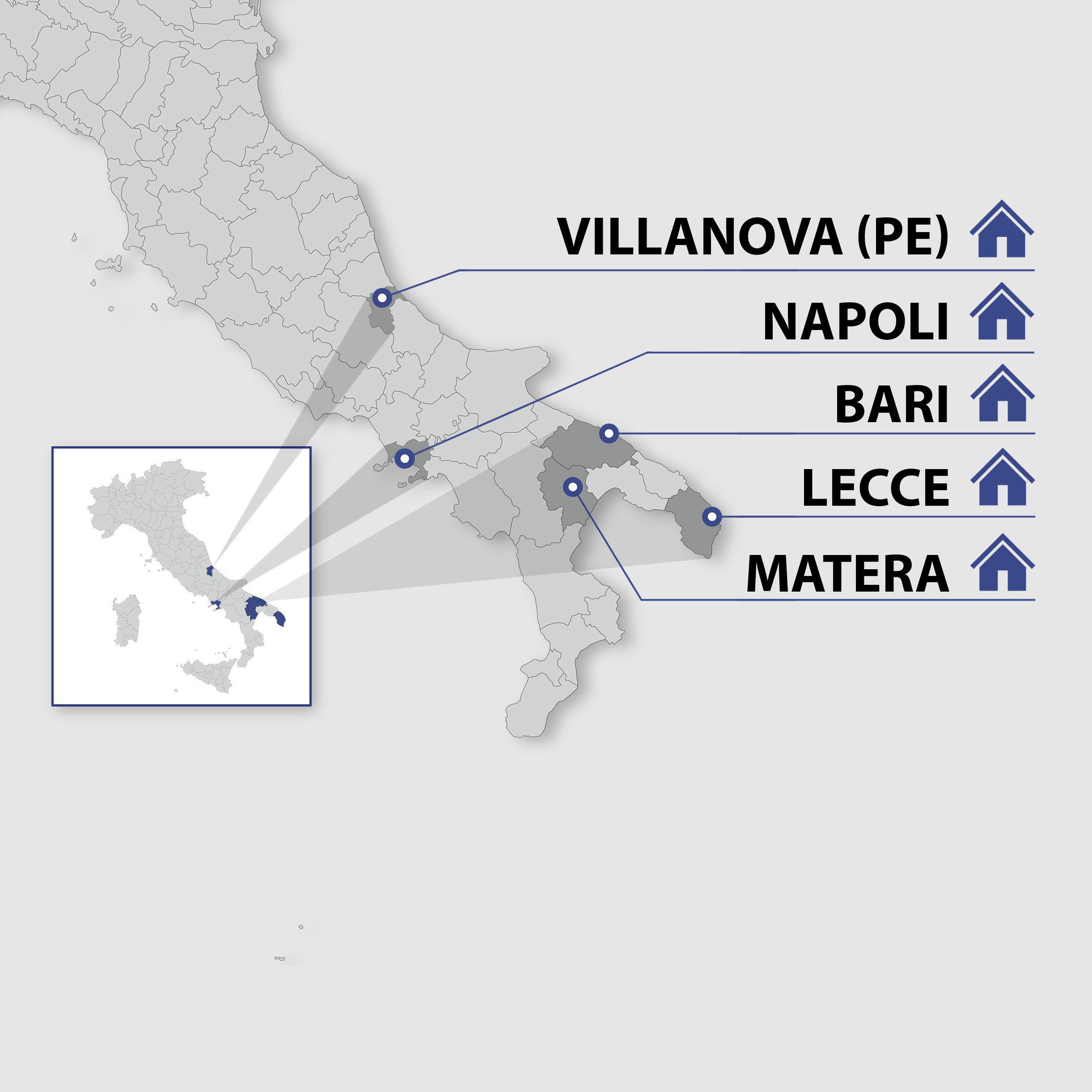 Mappa dei cinque progetti: Villanova (PE), Napoli, Bari, Lecce e Matera